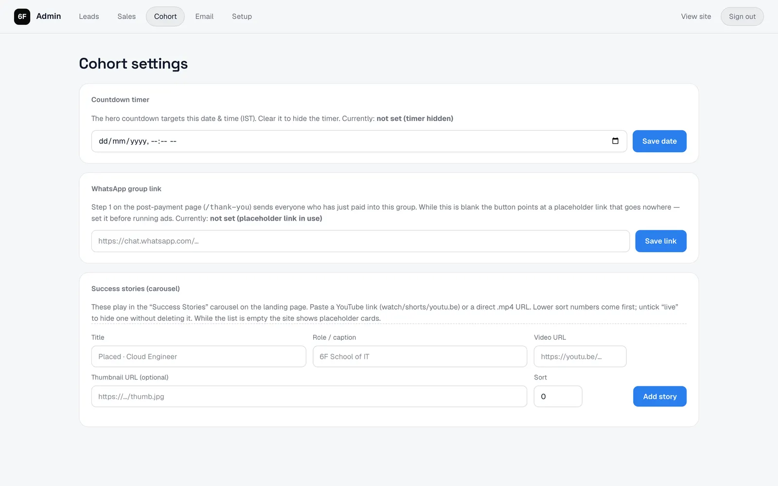 6F School of IT Admin: Cohort settings