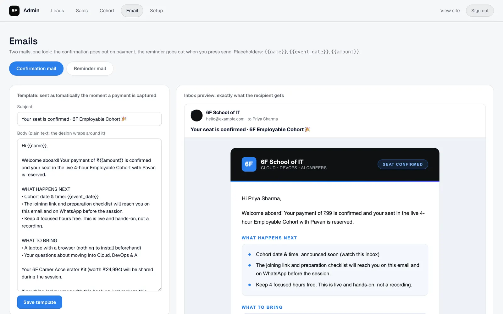 6F School of IT Admin: Confirmation email