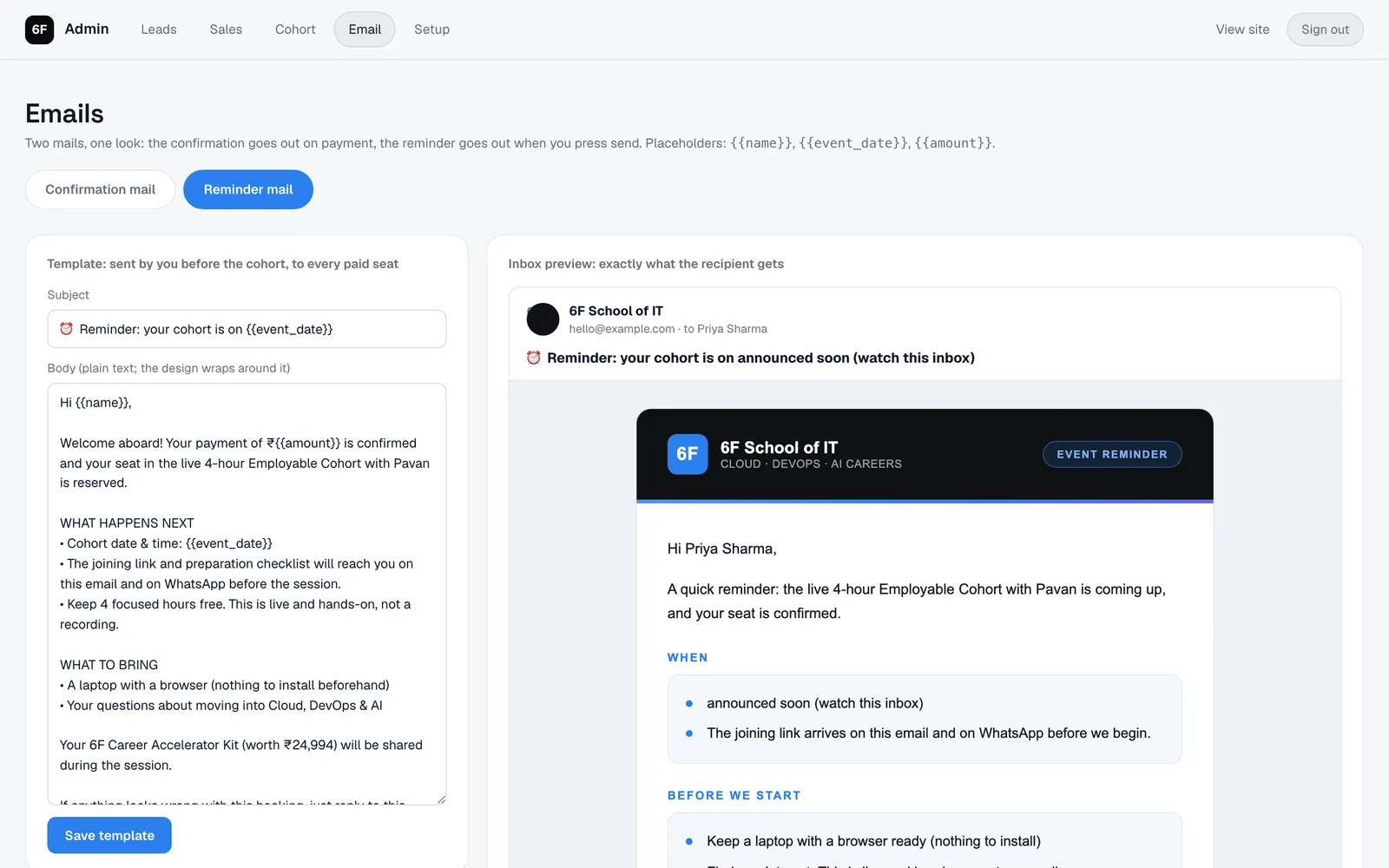 6F School of IT Admin: Reminder email