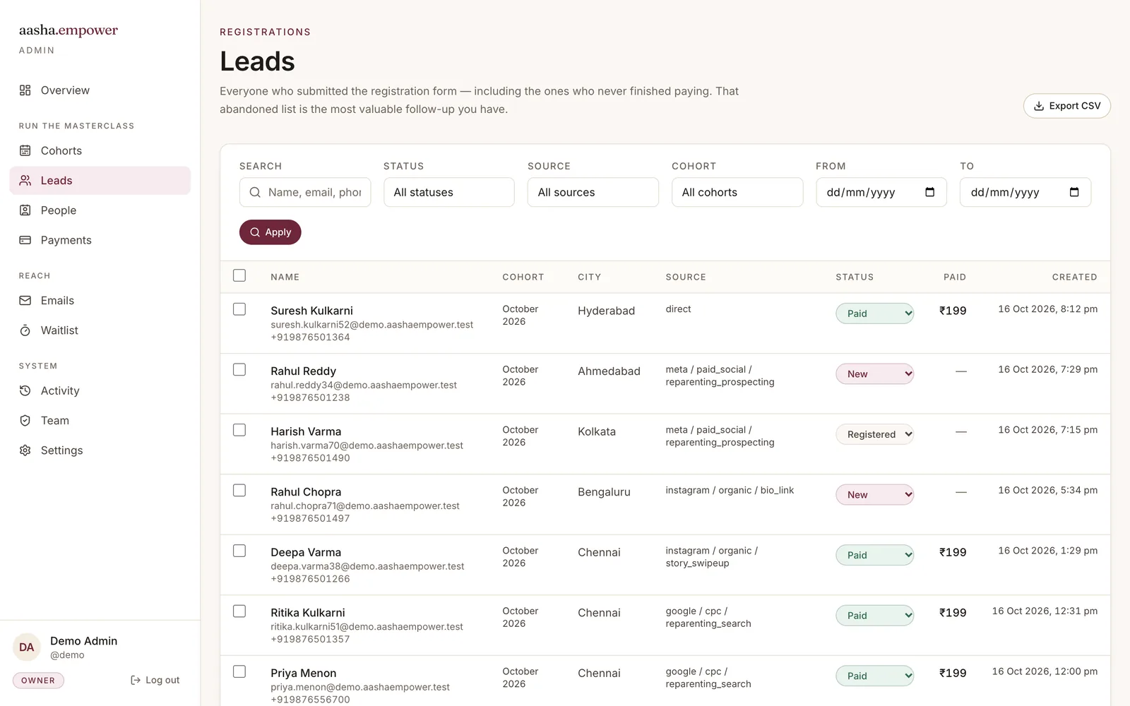 Aasha Empower Admin: Leads