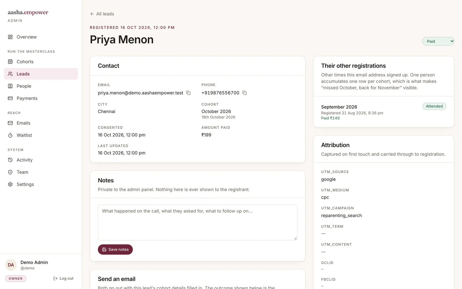 Aasha Empower Admin: A lead's page
