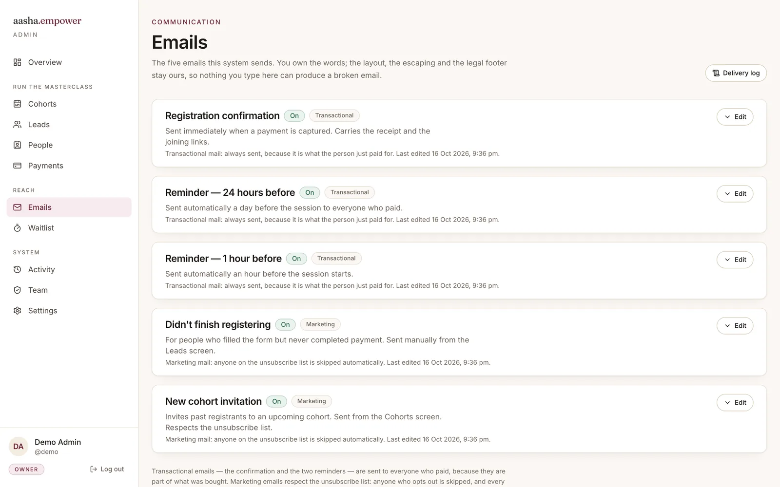 Aasha Empower Admin: Email templates