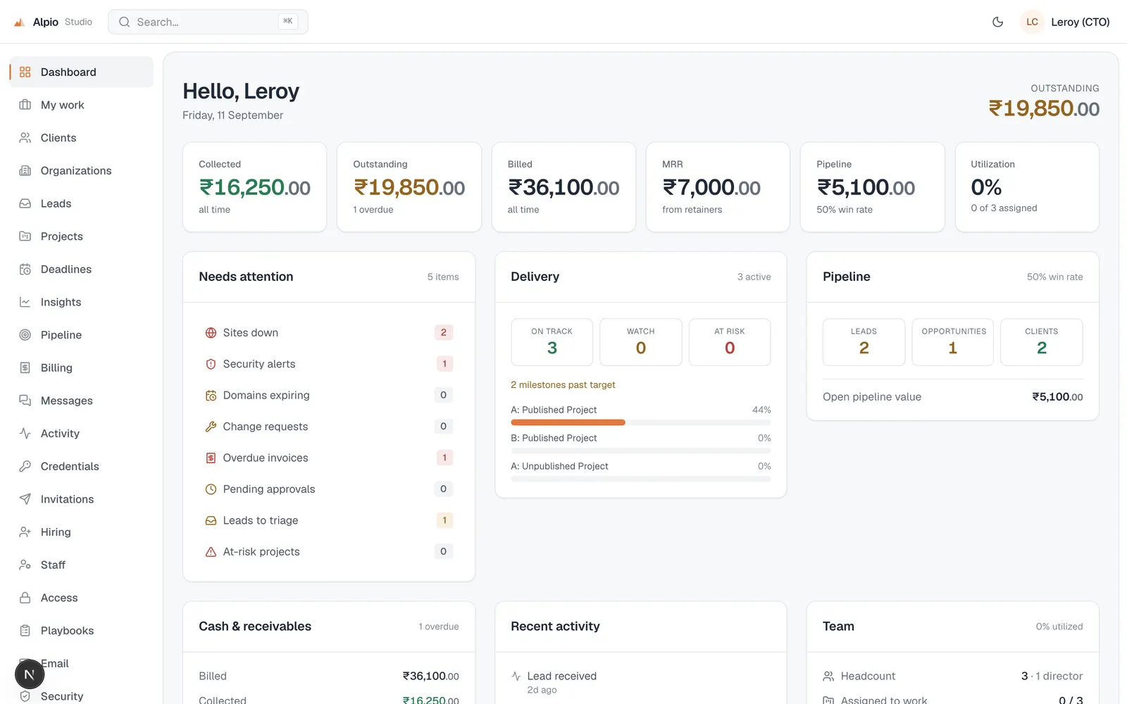 Alpio Studio & Spaces: Studio dashboard