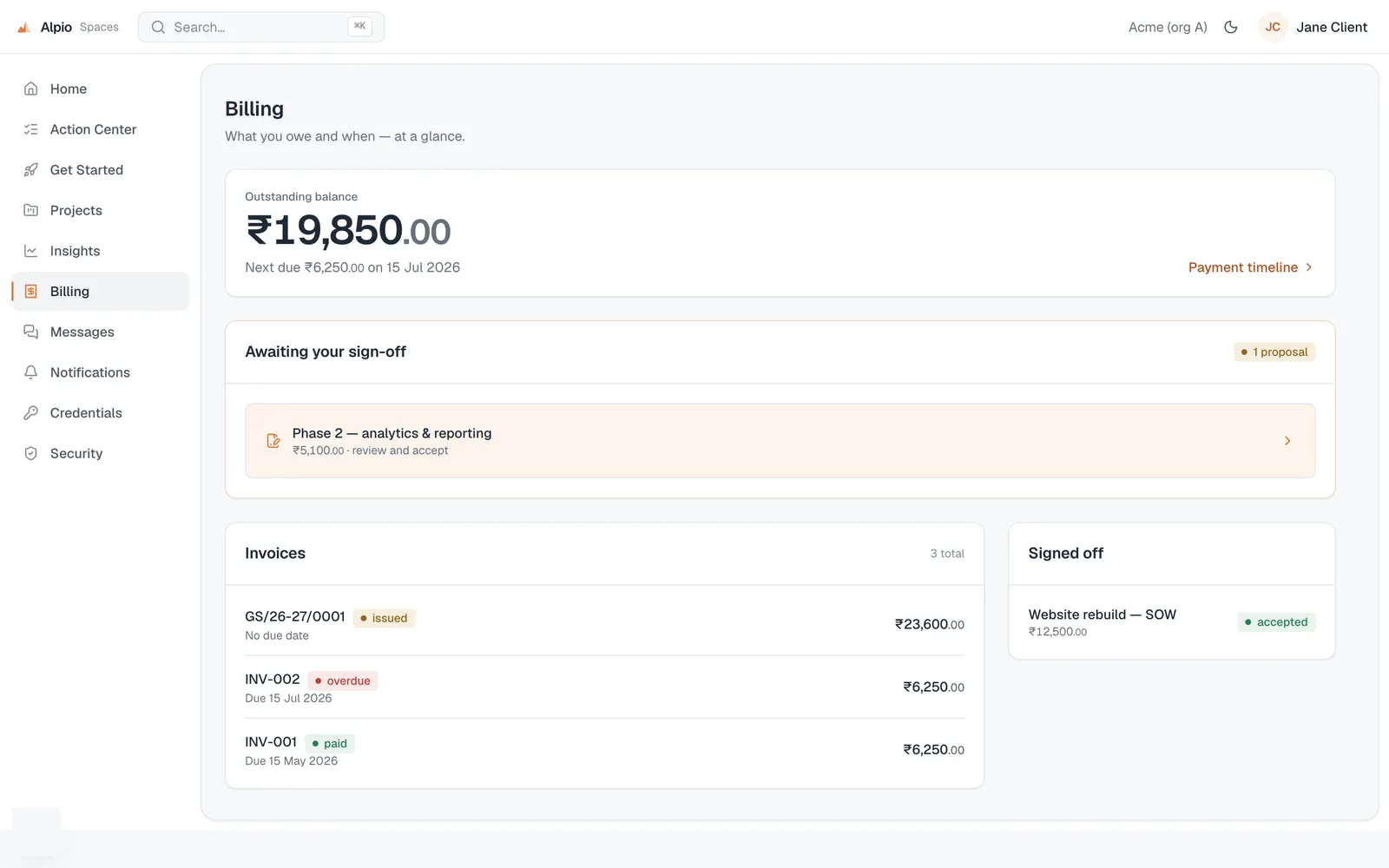 Alpio Studio & Spaces: Client billing