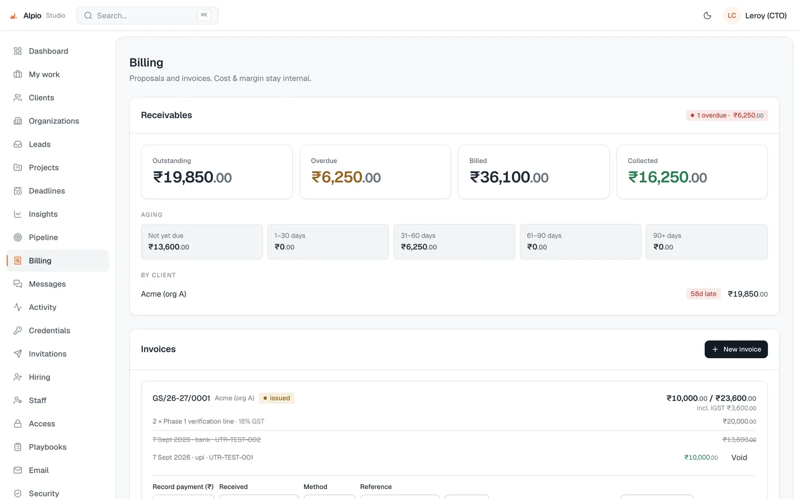 Alpio Studio & Spaces: Billing