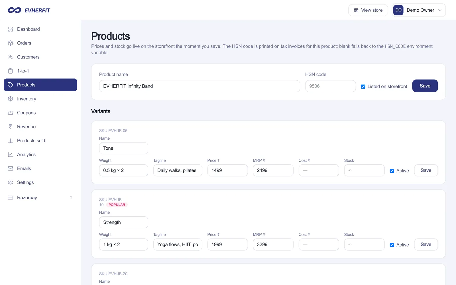 EVHERFIT Admin: Products