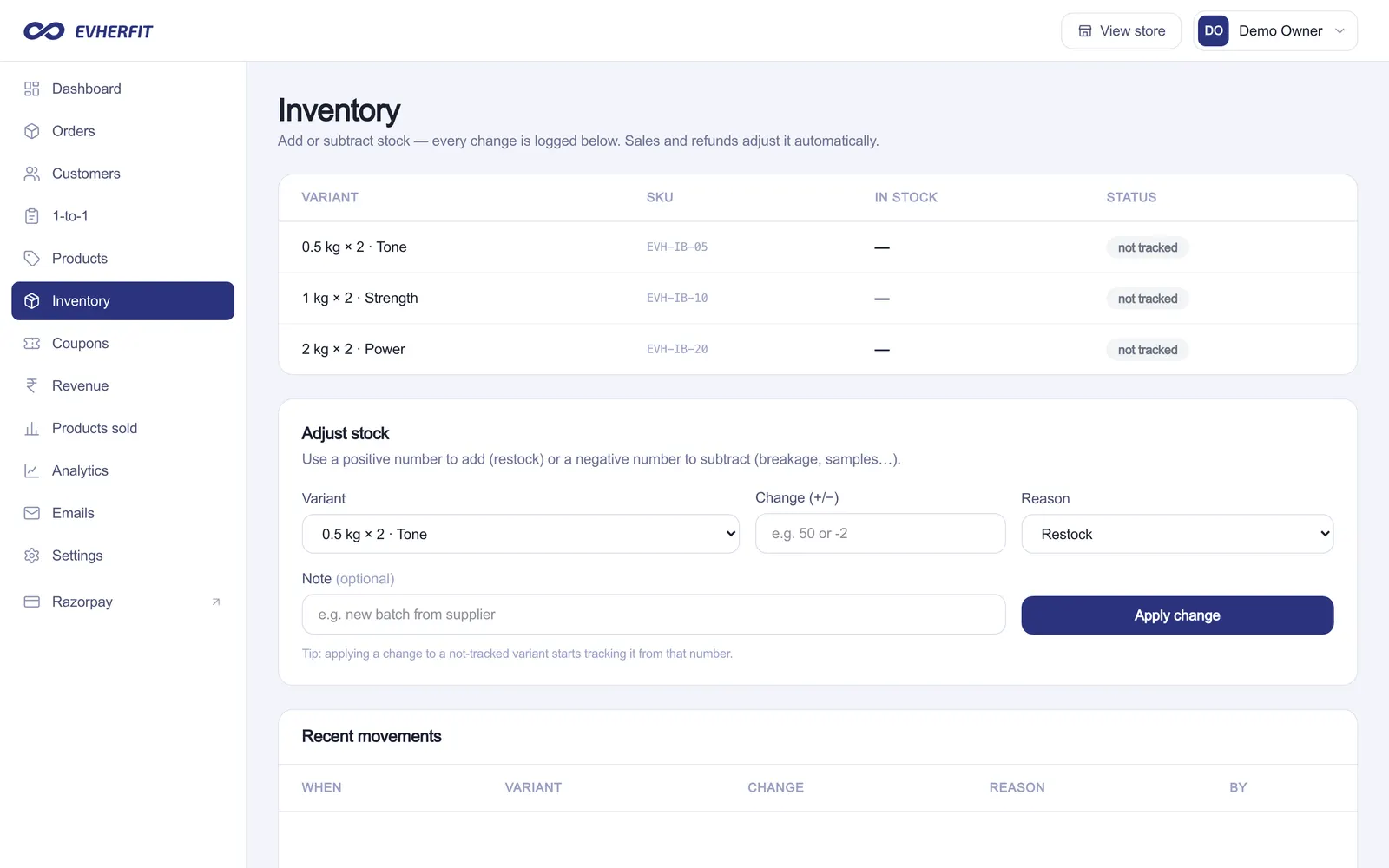 EVHERFIT Admin: Inventory