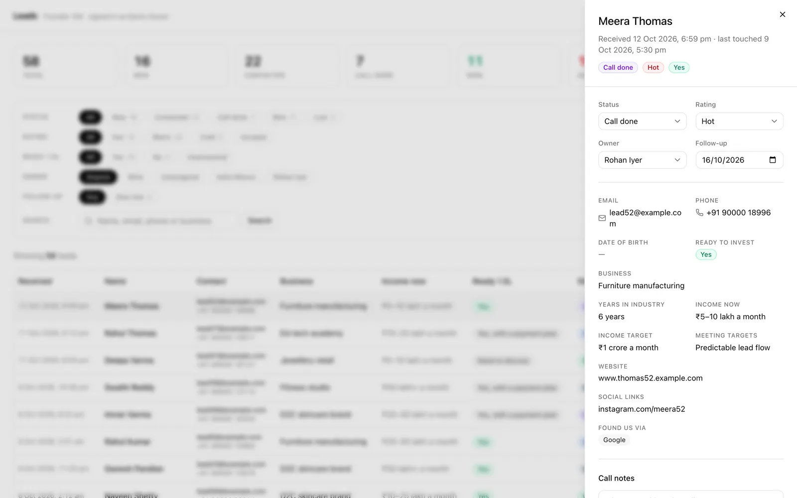 Founder 10X Admin: Lead detail