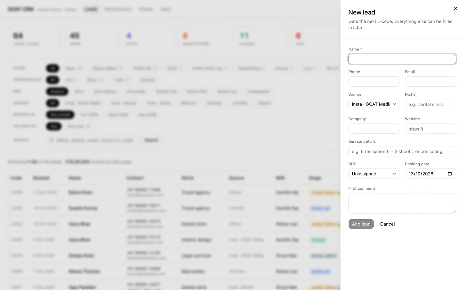 GOAT CRM: New lead