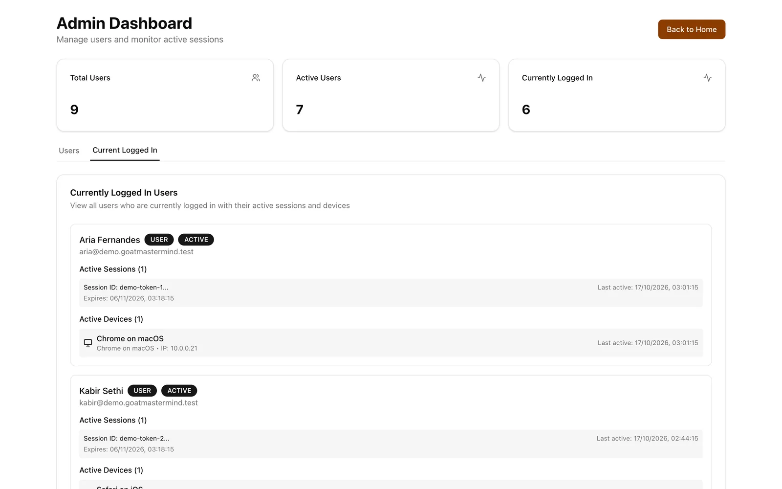 GOAT Mastermind: Signed-in sessions and devices