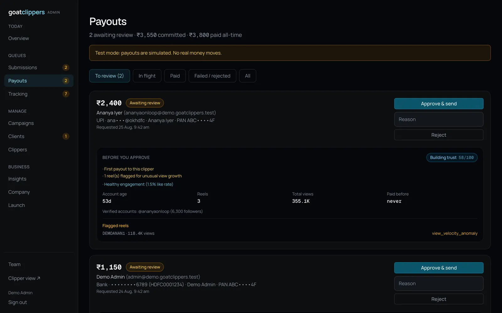 GoatClippers Admin: Payouts