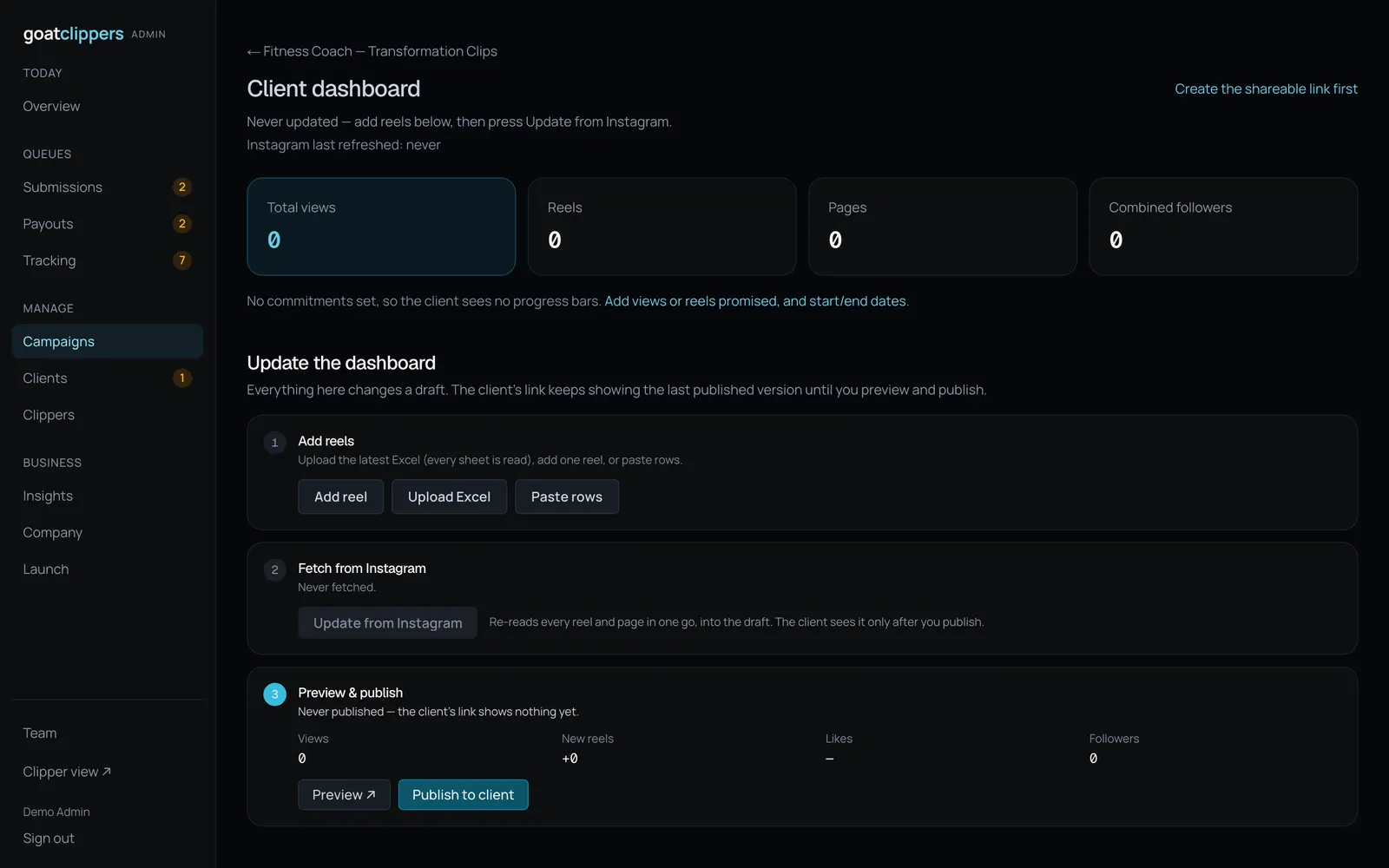 GoatClippers Admin: Campaign dashboard