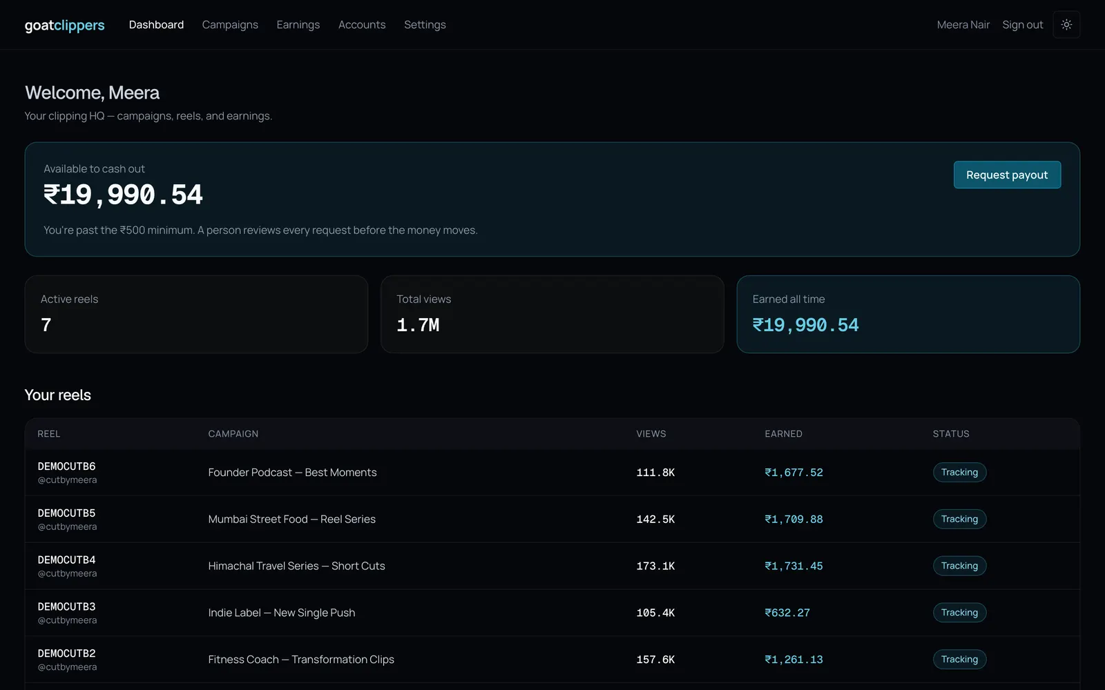 GoatClippers Clipper Dashboard: Home
