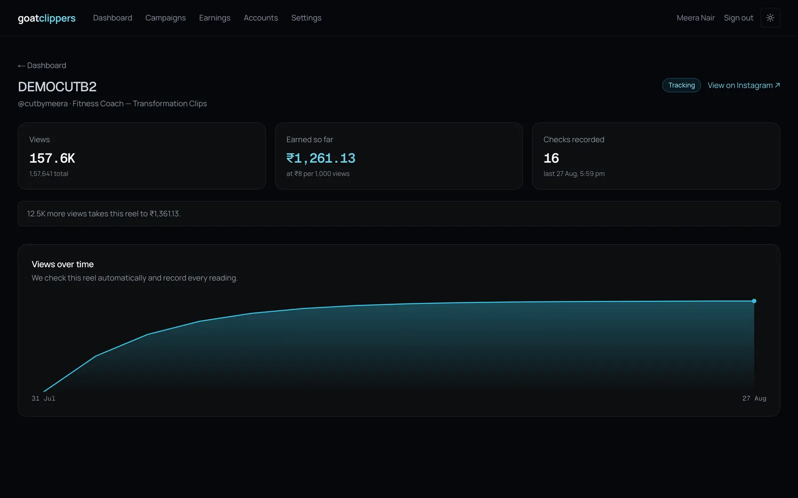 GoatClippers Clipper Dashboard: Reel detail