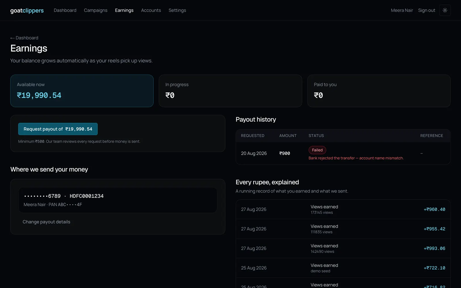 GoatClippers Clipper Dashboard: Earnings