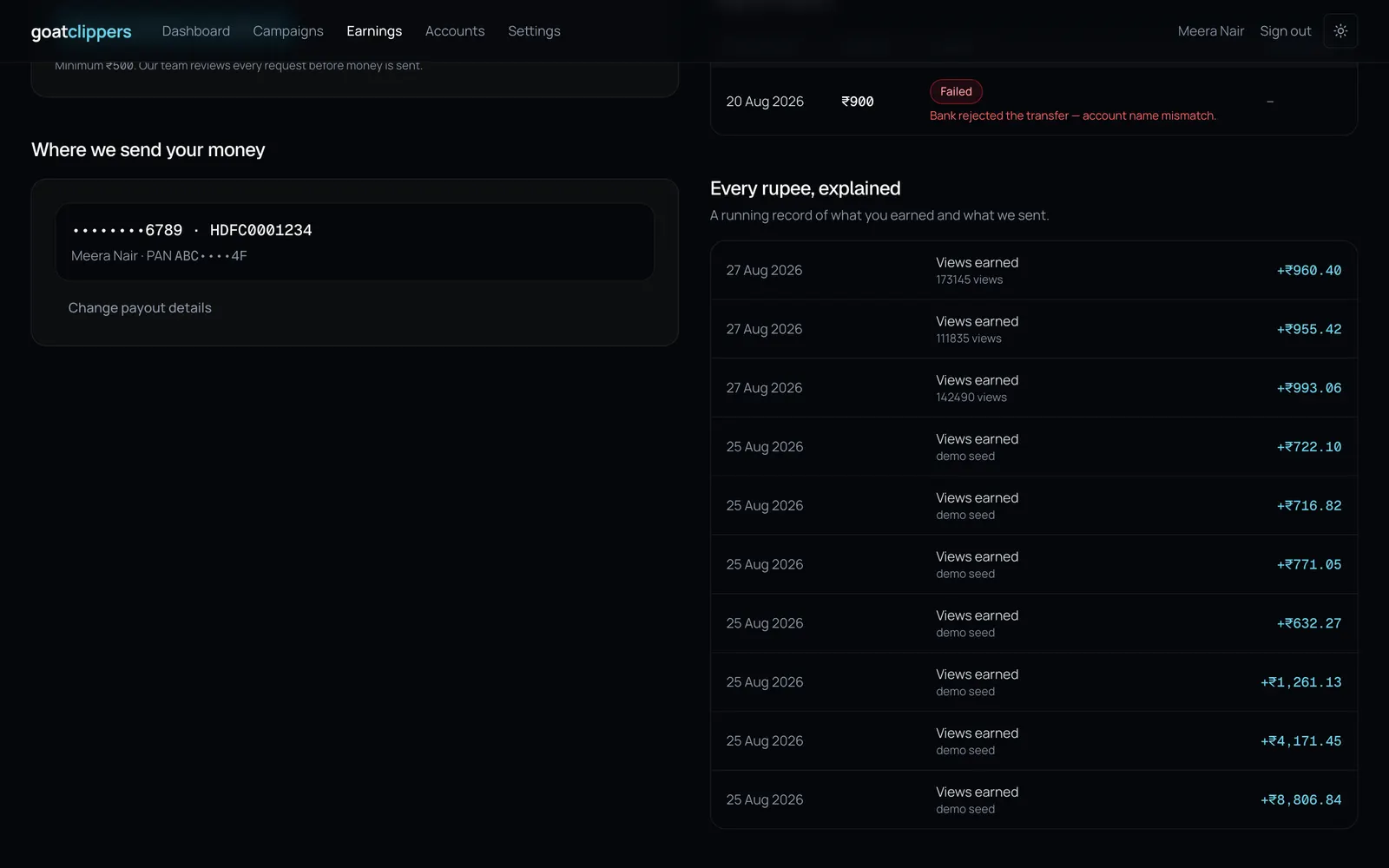 GoatClippers Clipper Dashboard: Ledger