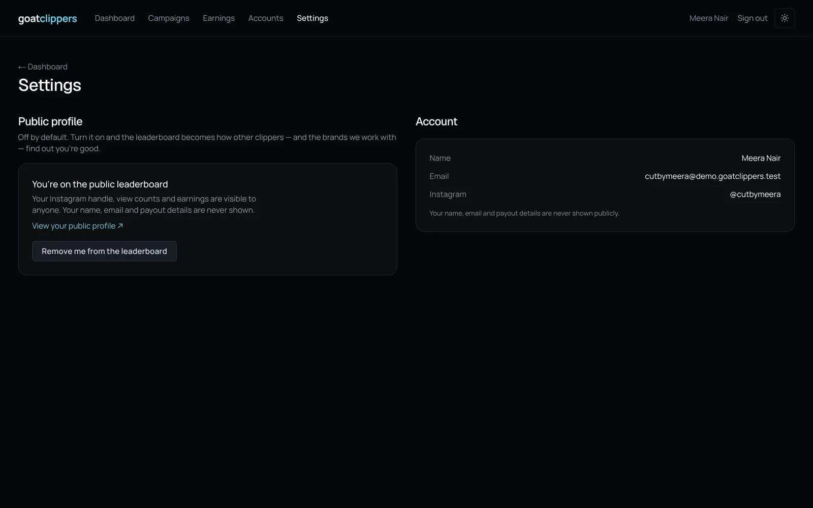 GoatClippers Clipper Dashboard: Settings