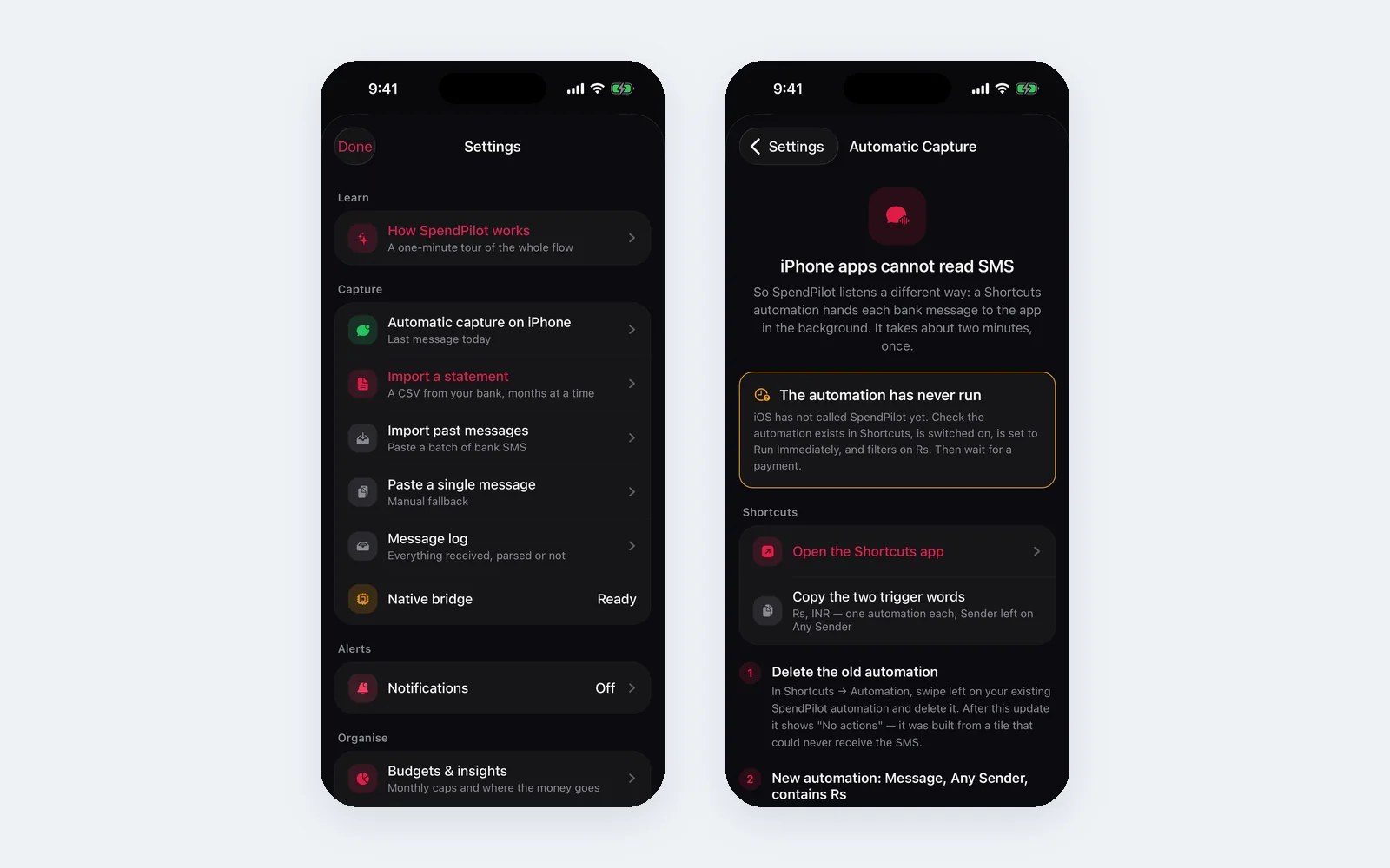 SpendPilot: Settings and automatic capture