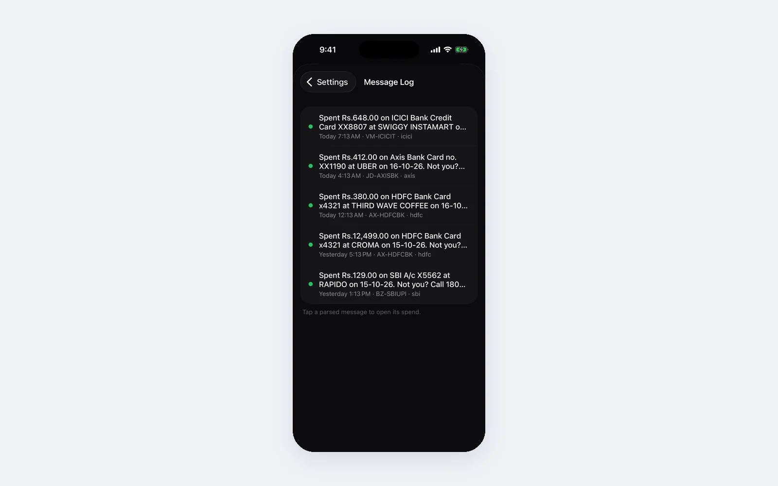 SpendPilot: Message log