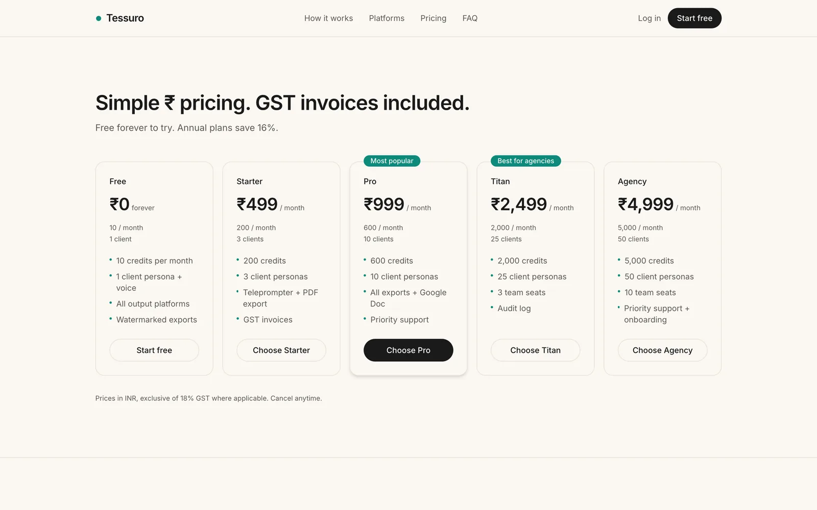 Tessuro: Pricing