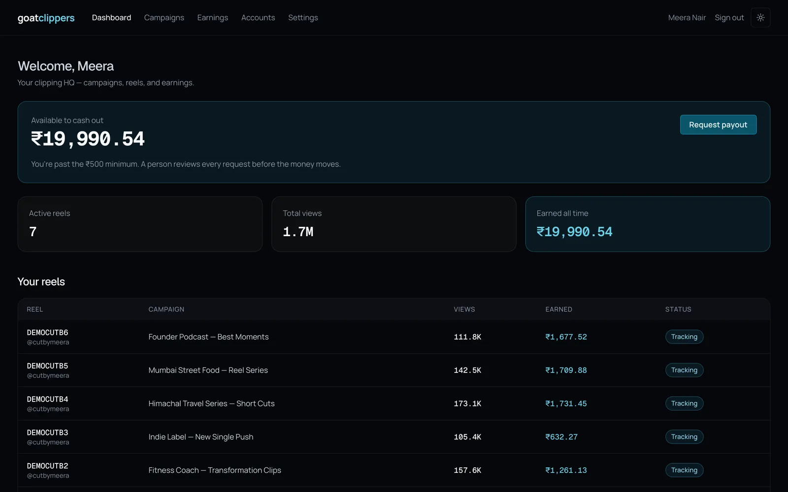 Screenshot of GoatClippers Clipper Dashboard